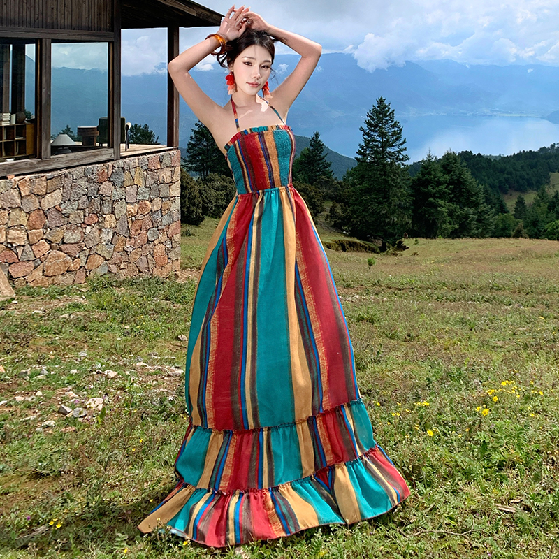 Spicegirl rainbow stripe vacation halter long dress