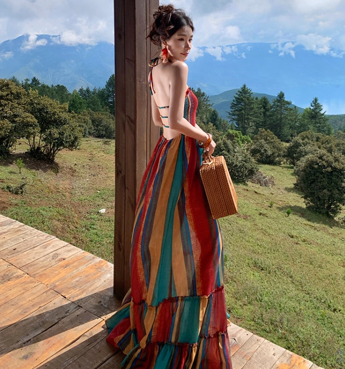 Spicegirl rainbow stripe vacation halter long dress