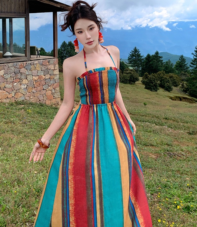 Spicegirl rainbow stripe vacation halter long dress