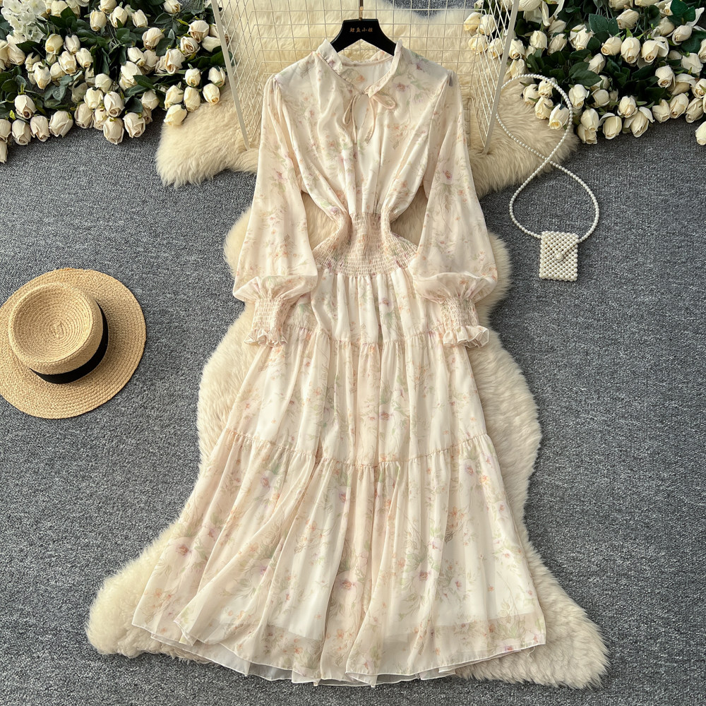 High waist apricot long dress floral dress for women