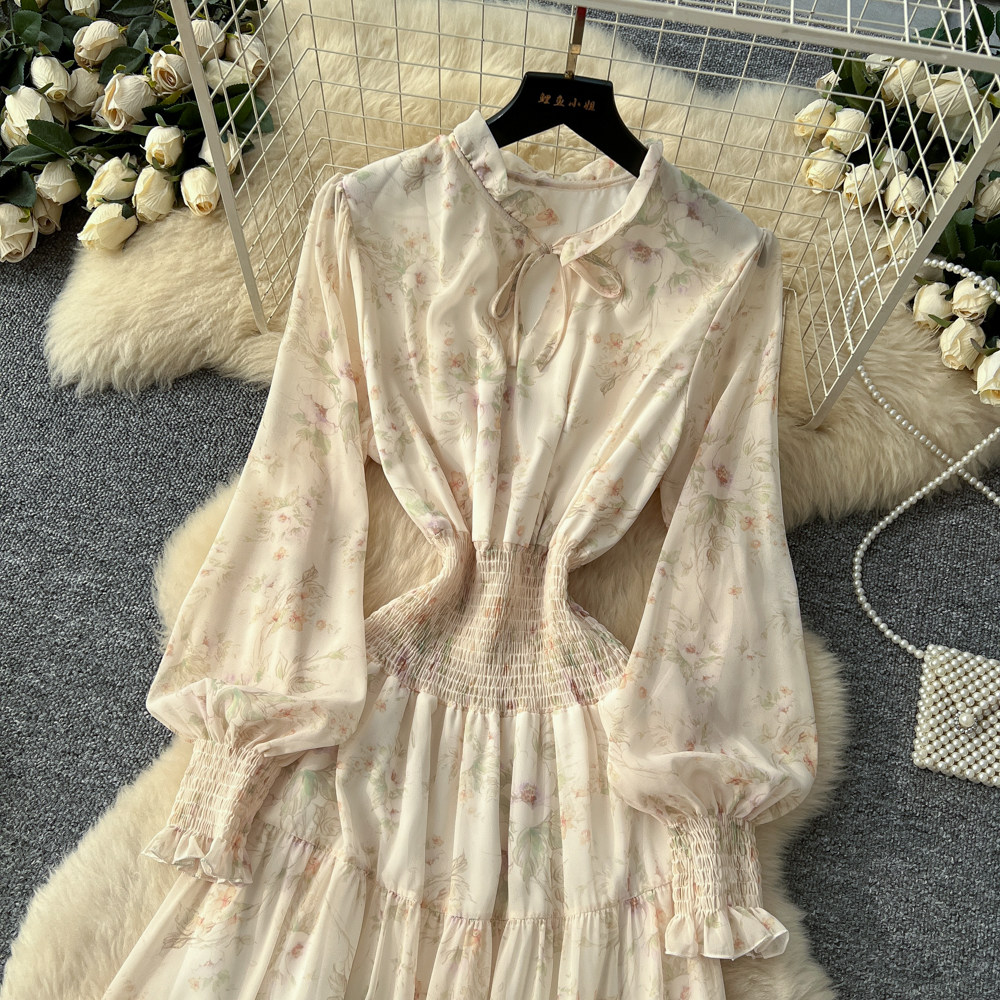 High waist apricot long dress floral dress for women