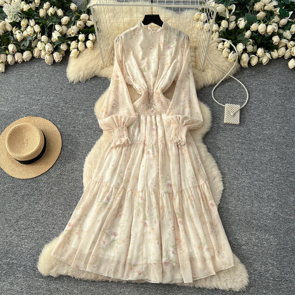 High waist apricot long dress floral dress for women