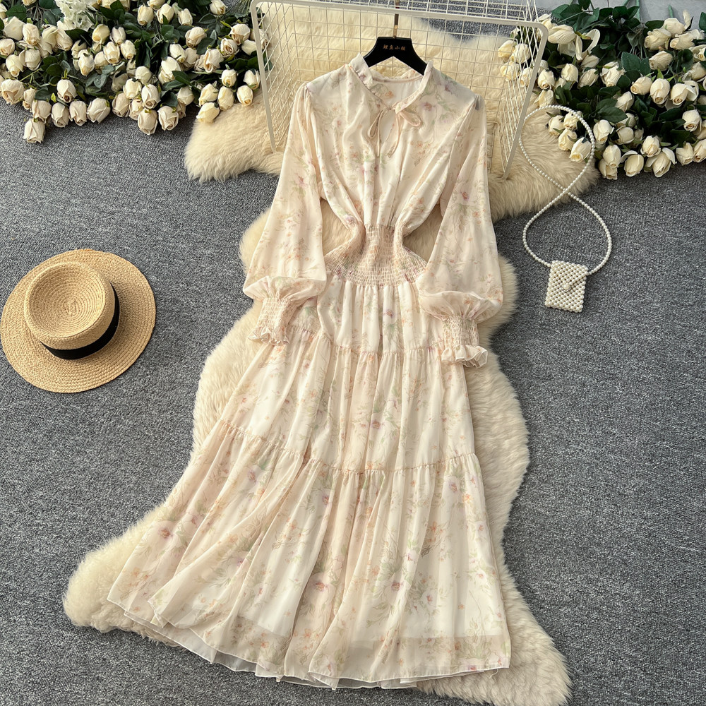 High waist apricot long dress floral dress for women