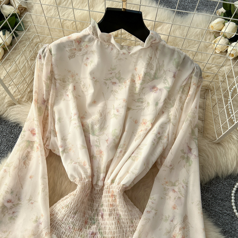 High waist apricot long dress floral dress for women