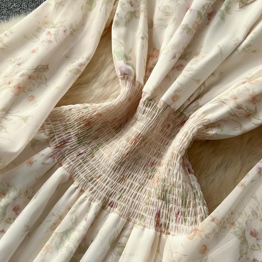 High waist apricot long dress floral dress for women