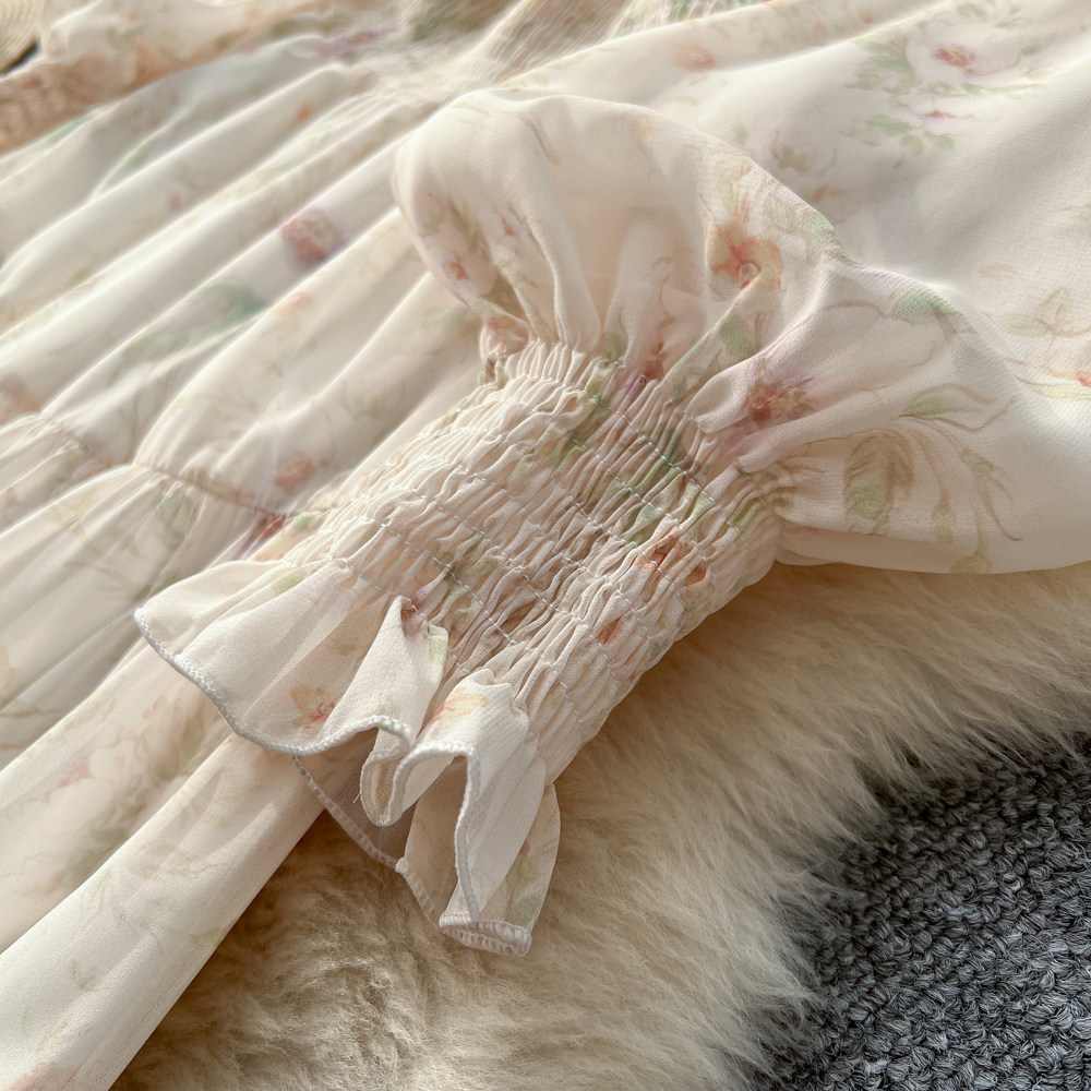 High waist apricot long dress floral dress for women