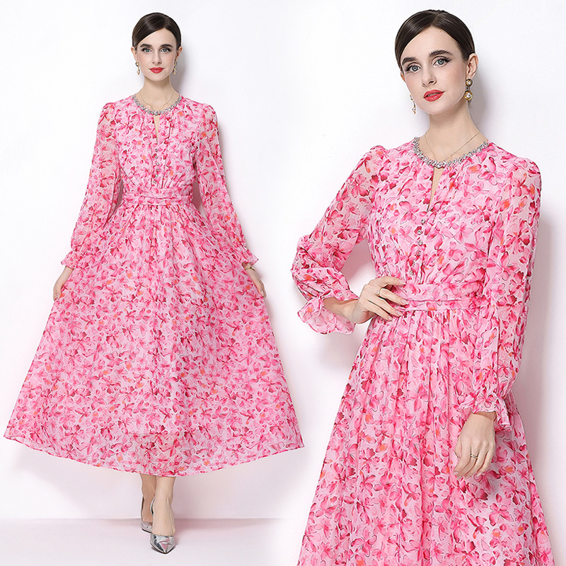 Printing rhinestone spring elegant dress