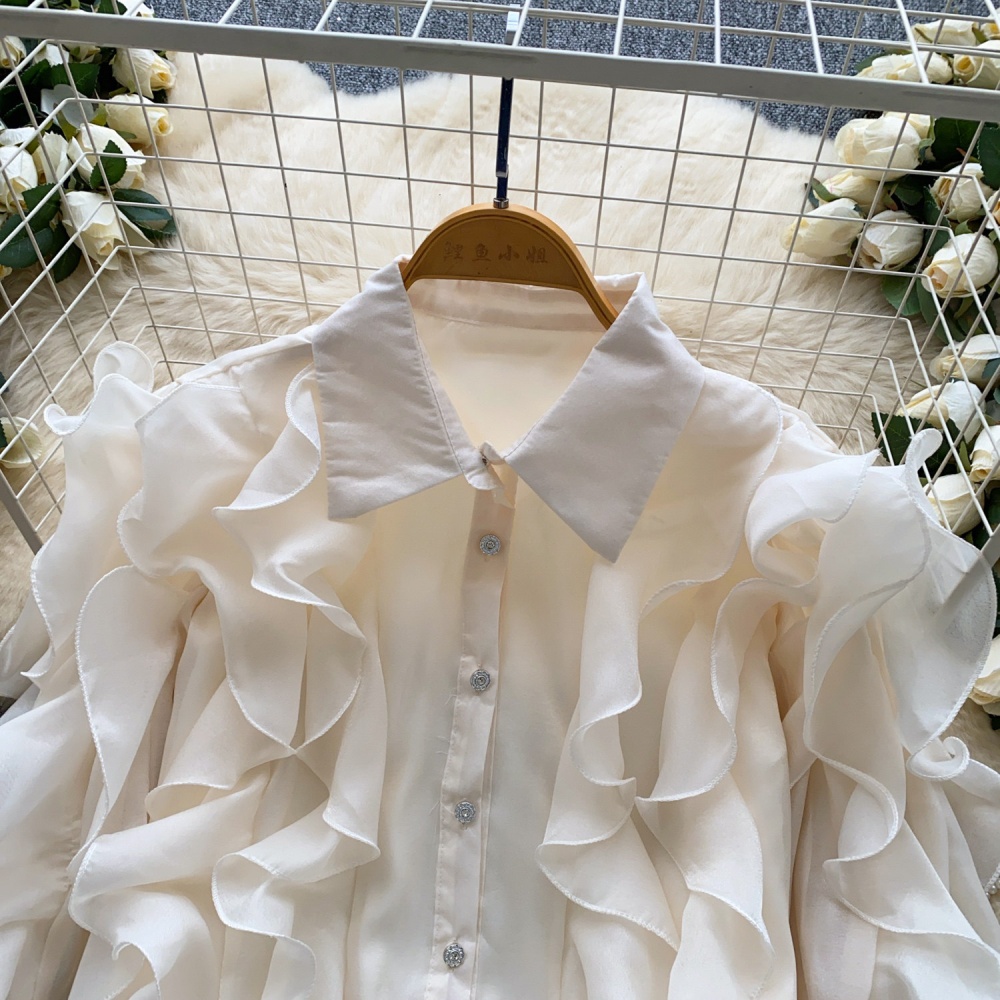 Commuting pullover tops lotus leaf edges shirt for women