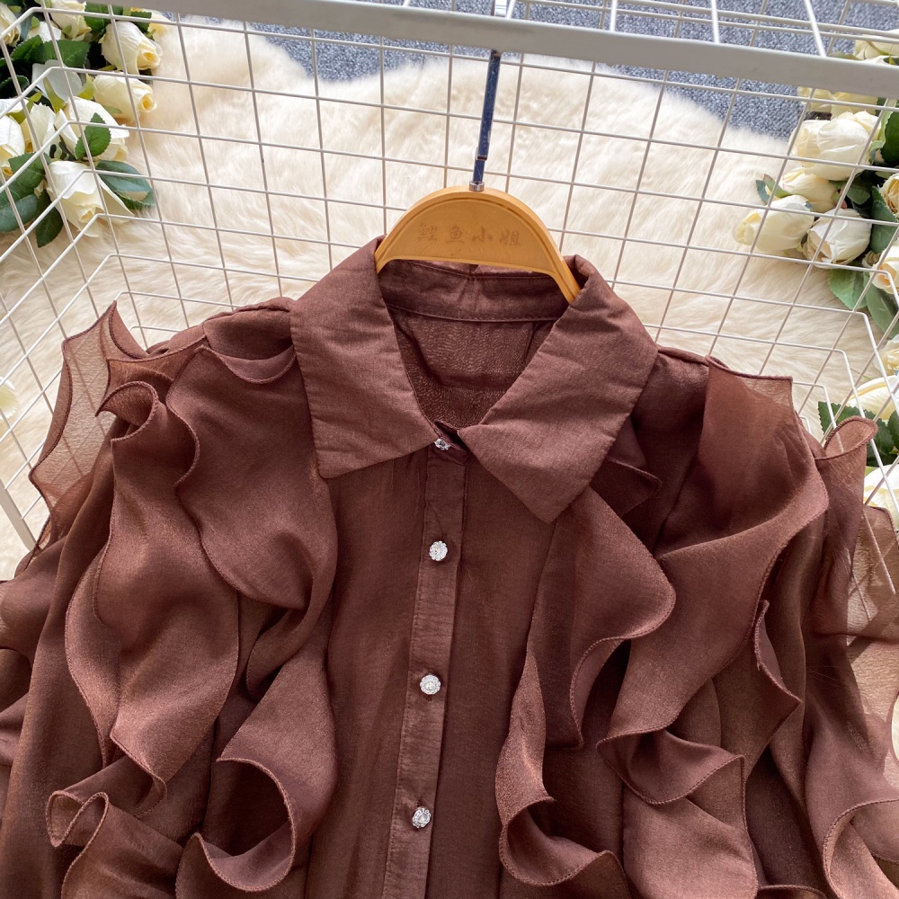 Commuting pullover tops lotus leaf edges shirt for women