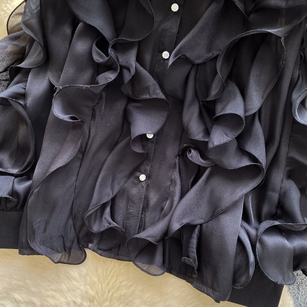 Commuting pullover tops lotus leaf edges shirt for women