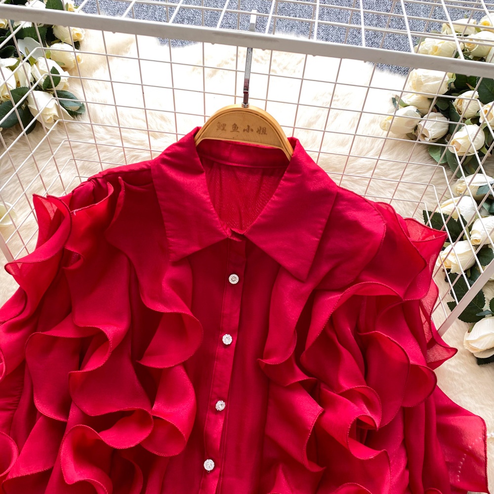 Commuting pullover tops lotus leaf edges shirt for women