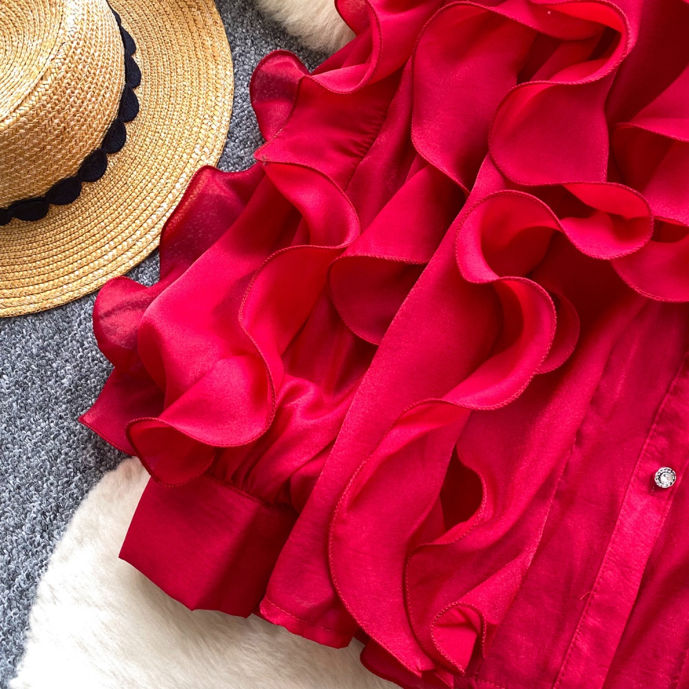 Commuting pullover tops lotus leaf edges shirt for women