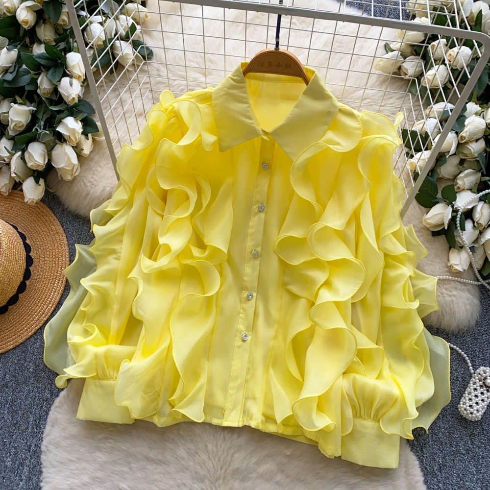 Commuting pullover tops lotus leaf edges shirt for women