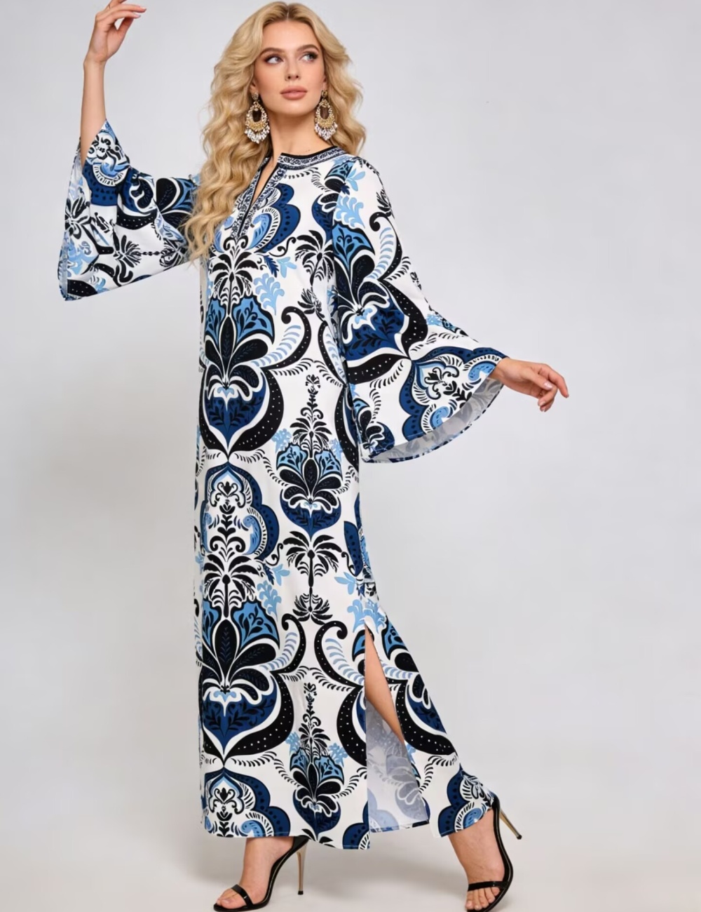 Round neck fashion loose printing split dress