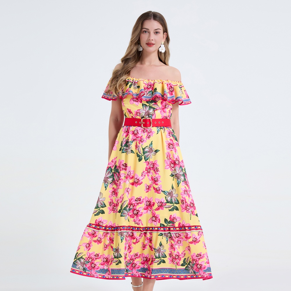 Big skirt slim dress flat shoulder long dress