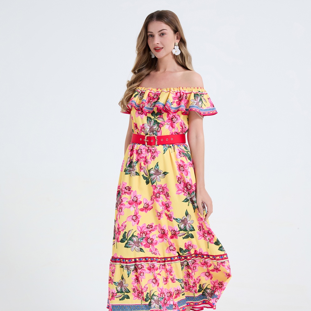 Big skirt slim dress flat shoulder long dress