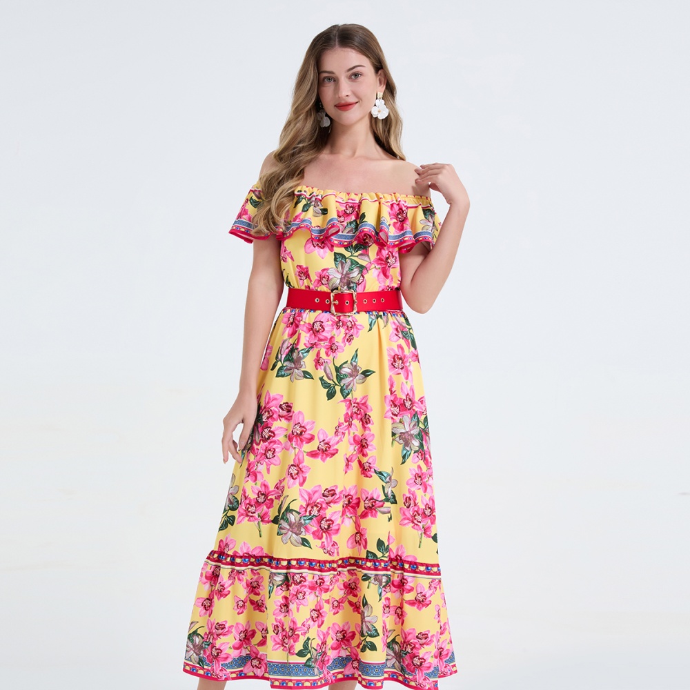 Big skirt slim dress flat shoulder long dress