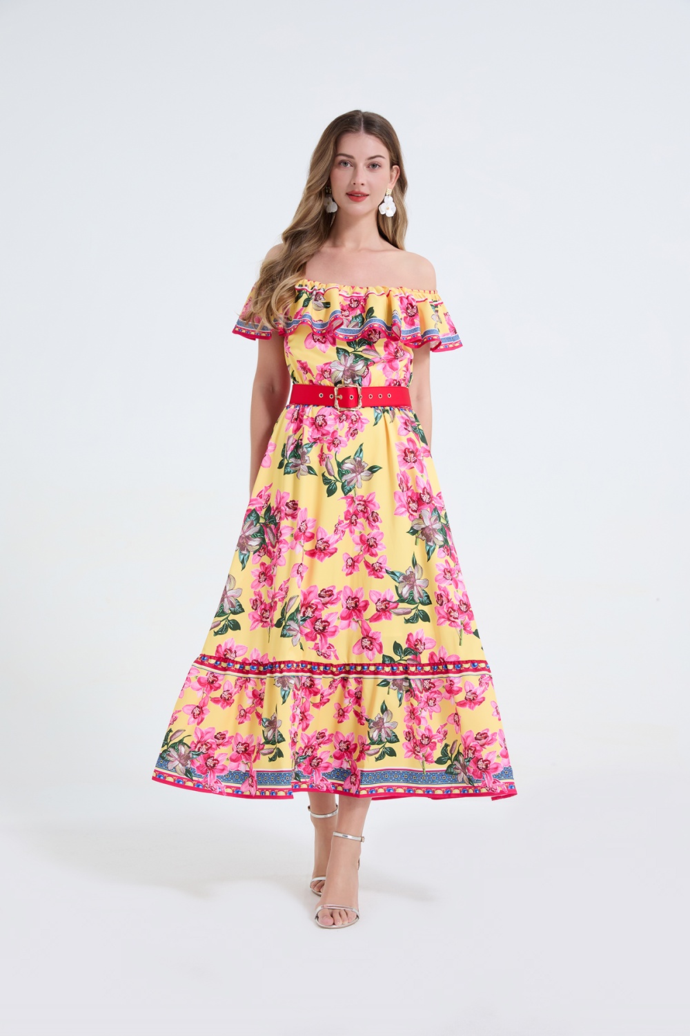 Big skirt slim dress flat shoulder long dress