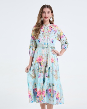 Printing pinched waist long dress frenum dress