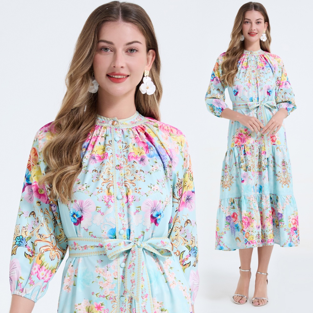 Printing pinched waist long dress frenum dress