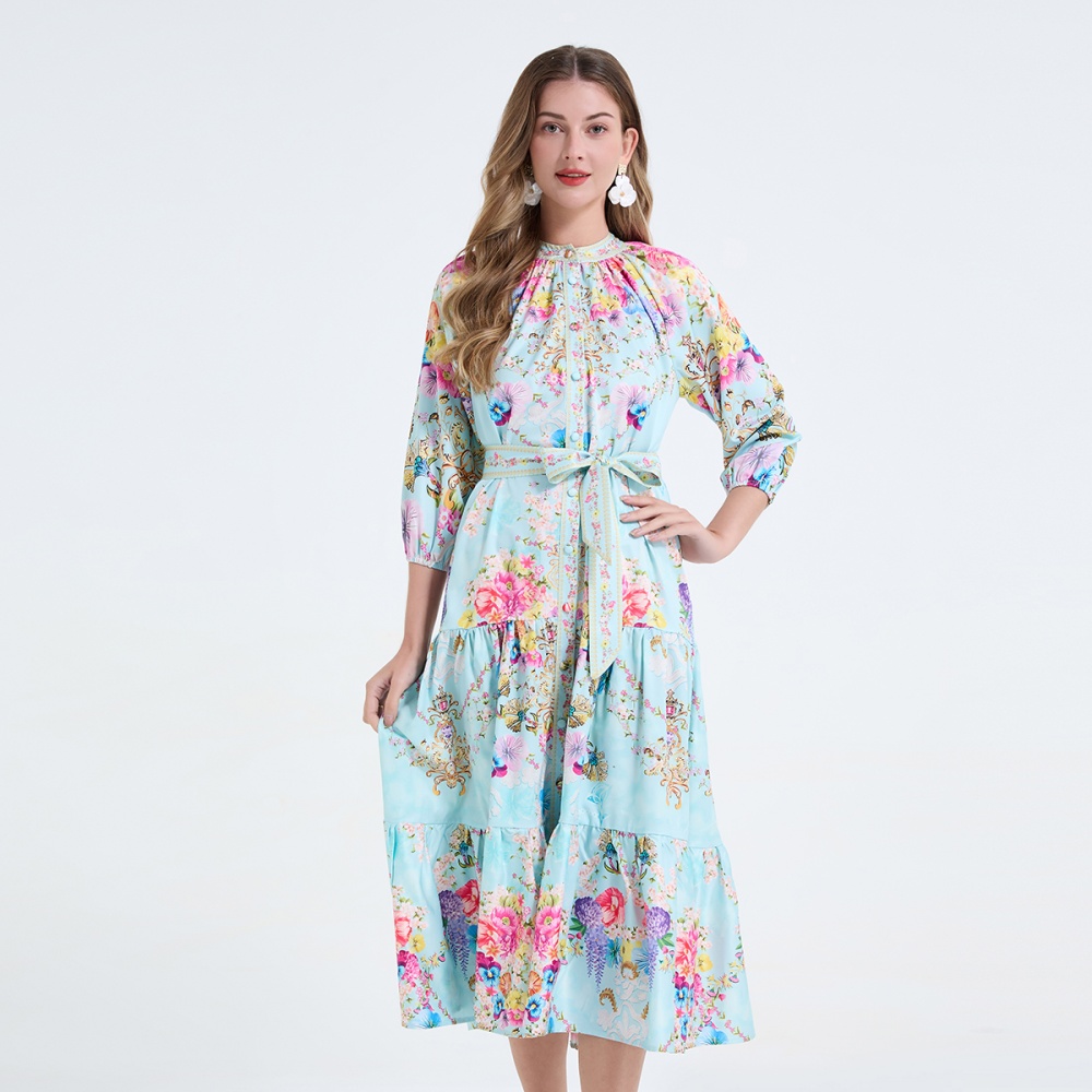 Printing pinched waist long dress frenum dress