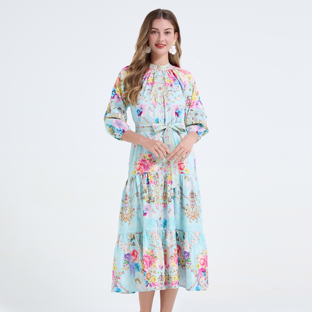 Printing pinched waist long dress frenum dress