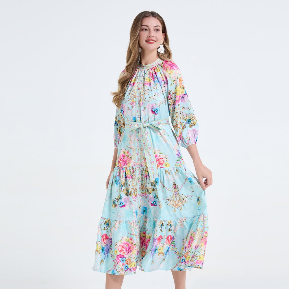 Printing pinched waist long dress frenum dress