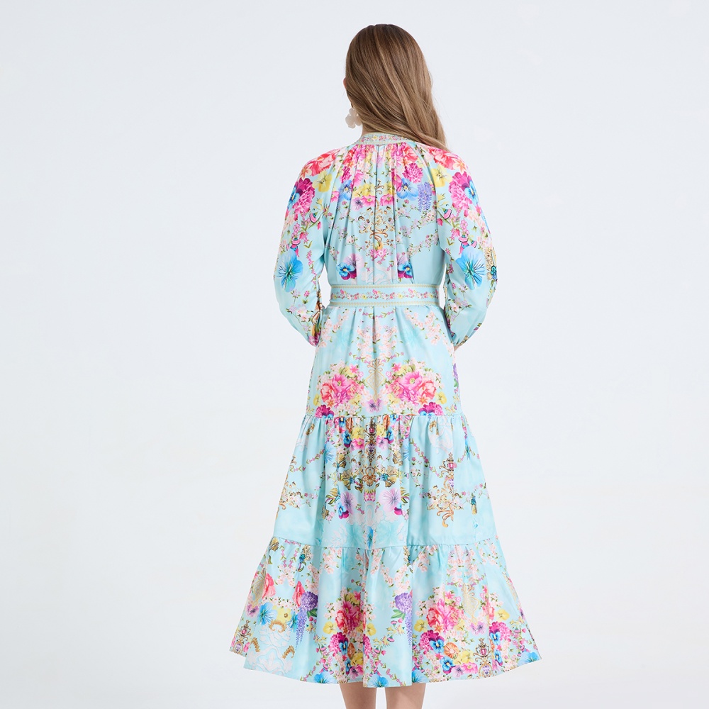 Printing pinched waist long dress frenum dress