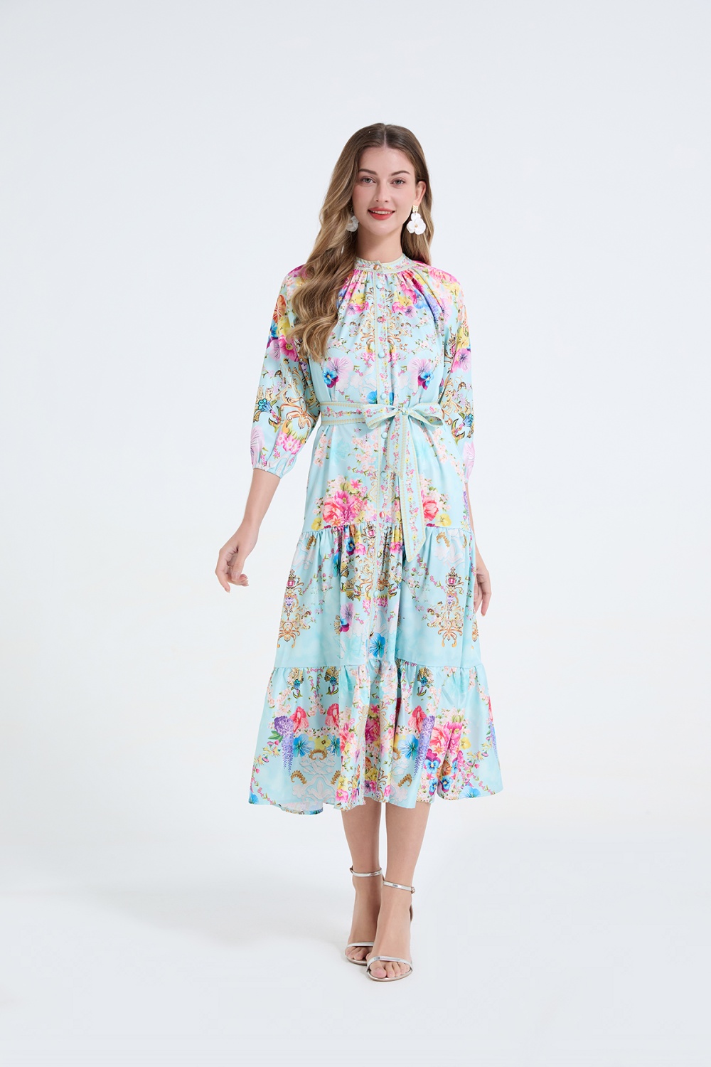 Printing pinched waist long dress frenum dress