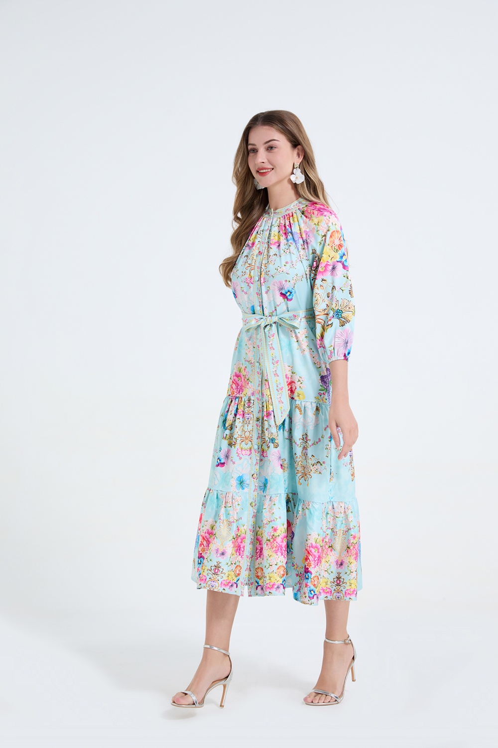 Printing pinched waist long dress frenum dress