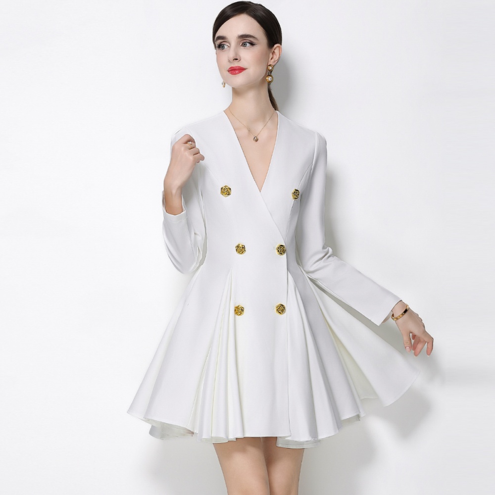 Pleated V-neck T-back pinched waist thick and disorderly dress