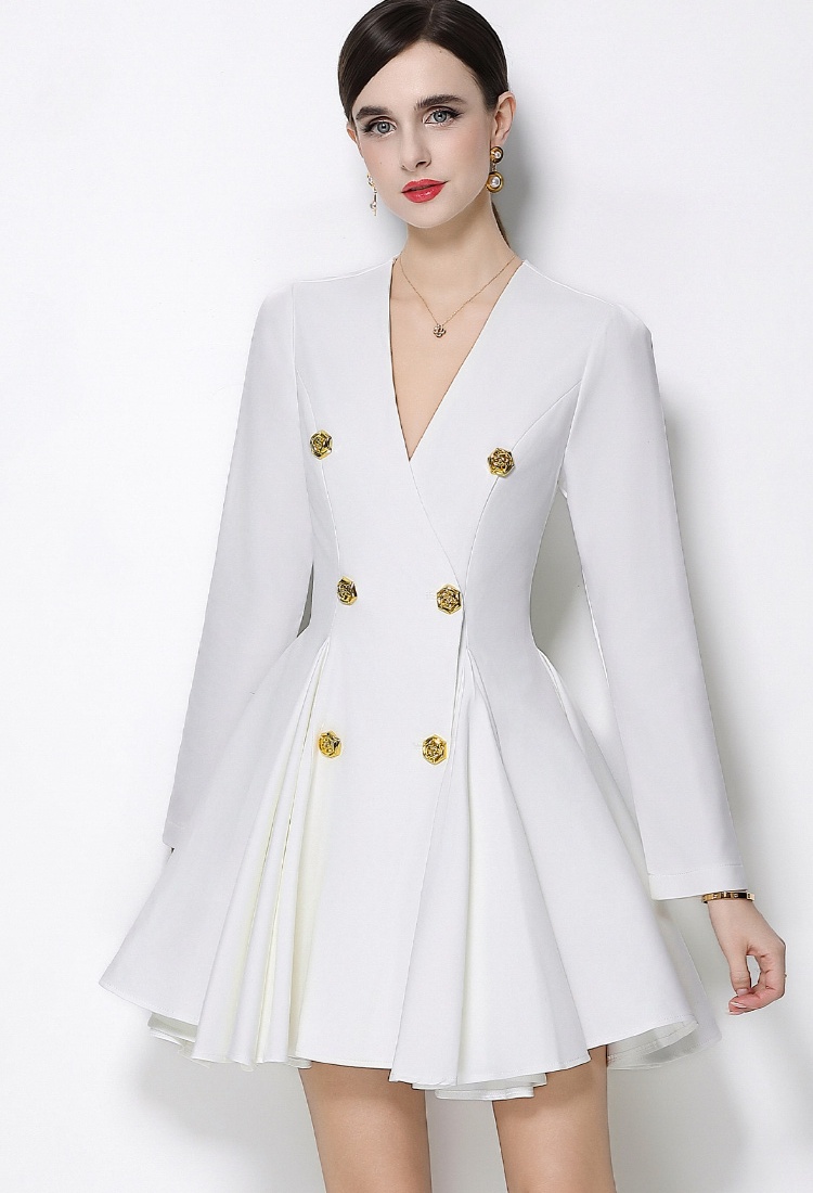 Pleated V-neck T-back pinched waist thick and disorderly dress