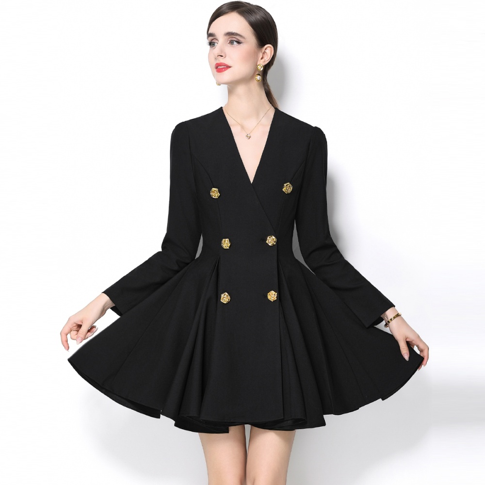 Black thick and disorderly T-back double-breasted V-neck dress