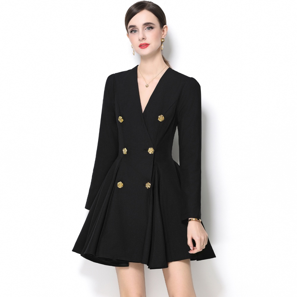 Black thick and disorderly T-back double-breasted V-neck dress