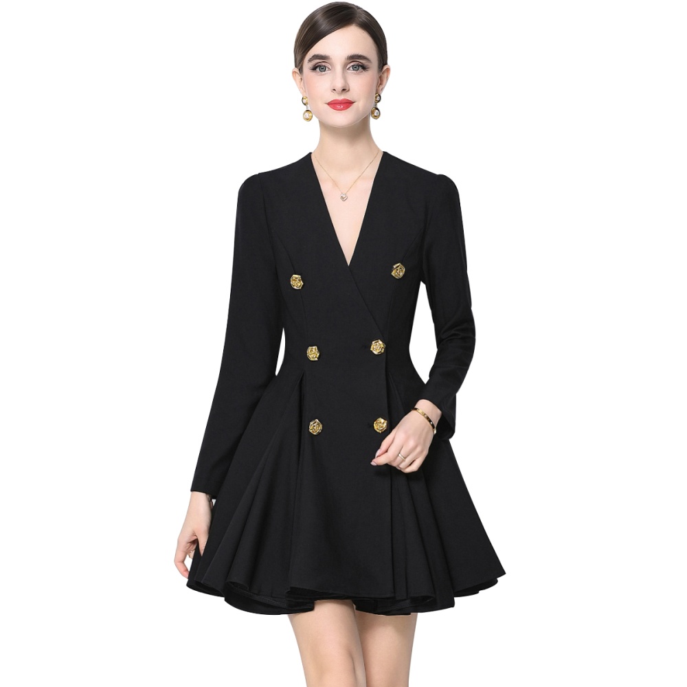 Black thick and disorderly T-back double-breasted V-neck dress