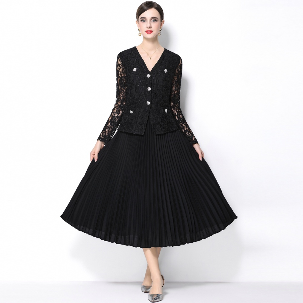 Pinched waist France style lace diamond V-neck elegant dress