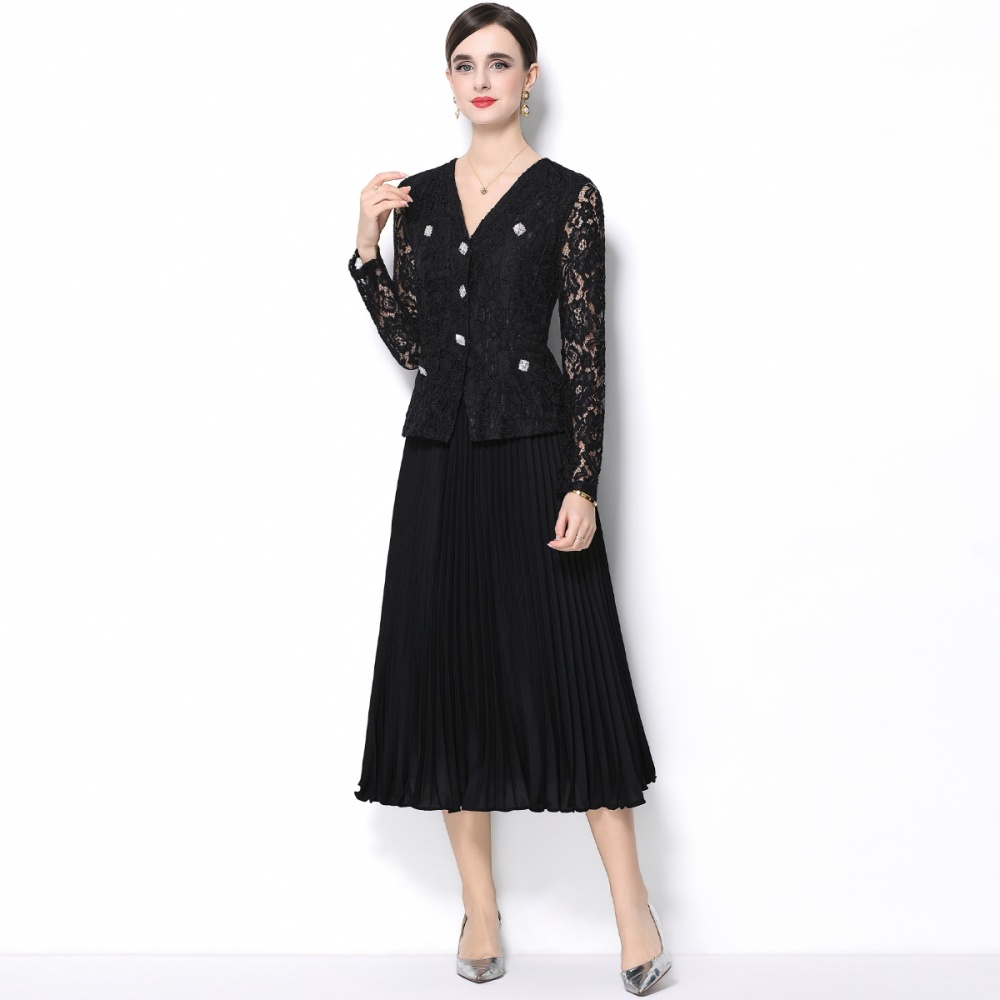 Pinched waist France style lace diamond V-neck elegant dress