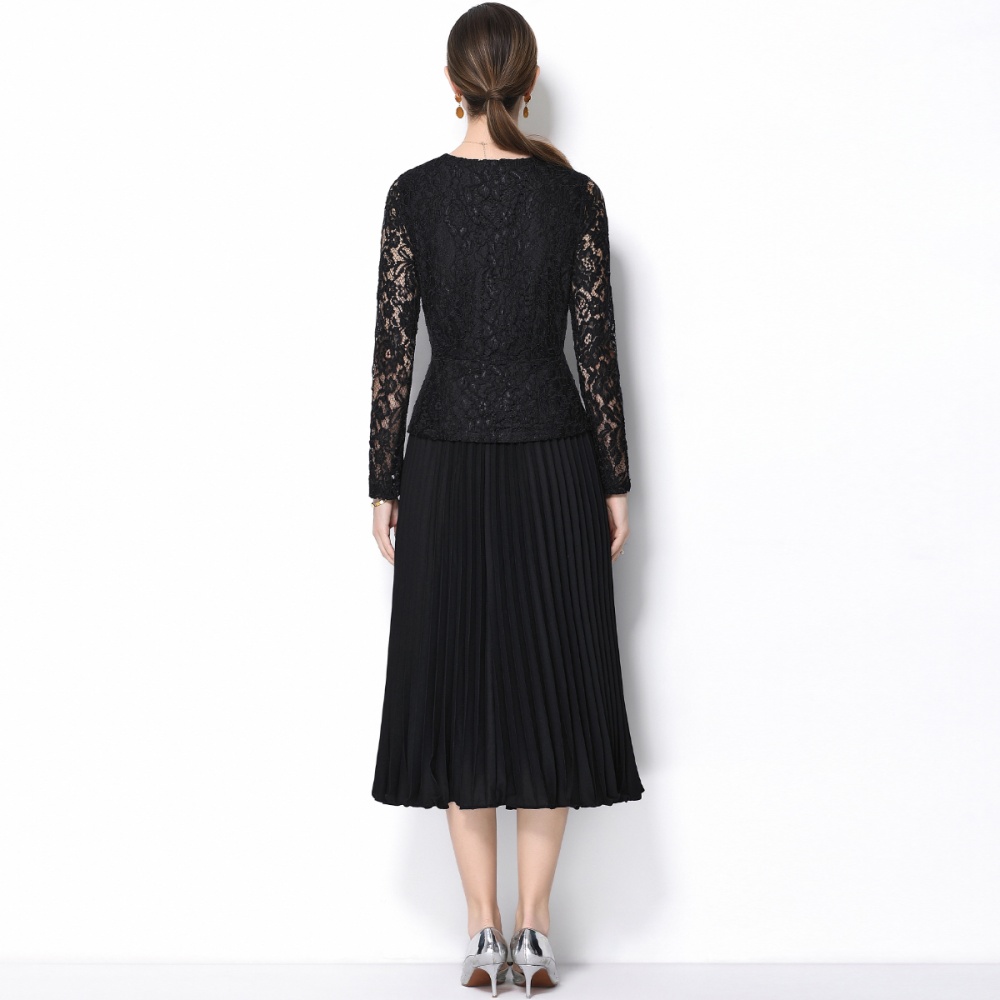 Pinched waist France style lace diamond V-neck elegant dress