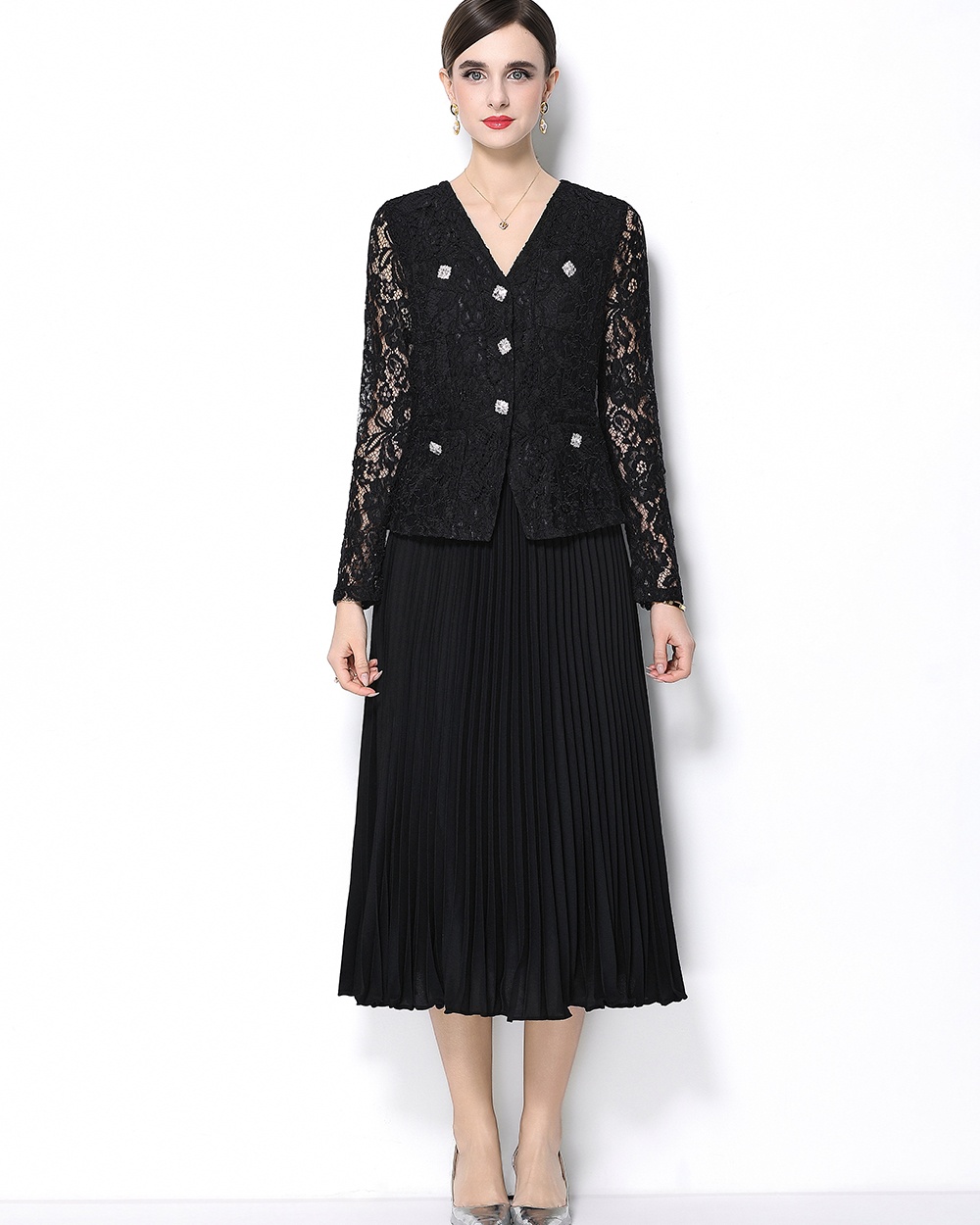 Pinched waist France style lace diamond V-neck elegant dress