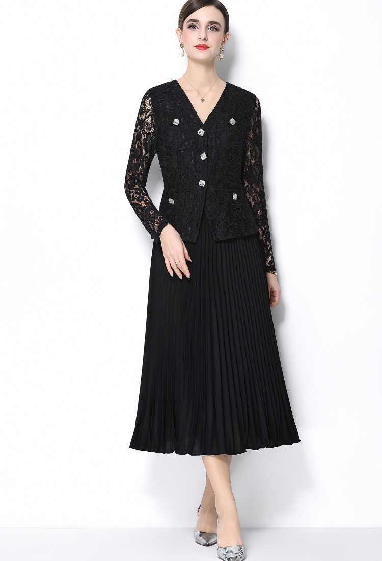 Pinched waist France style lace diamond V-neck elegant dress