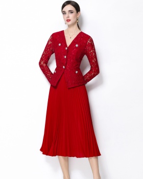 Lace diamond pleated France style V-neck elegant dress