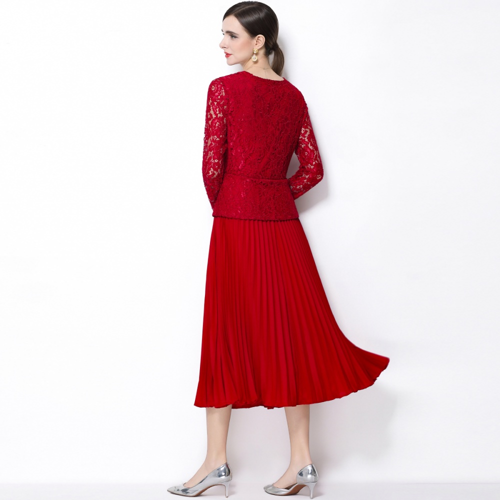 Lace diamond pleated France style V-neck elegant dress