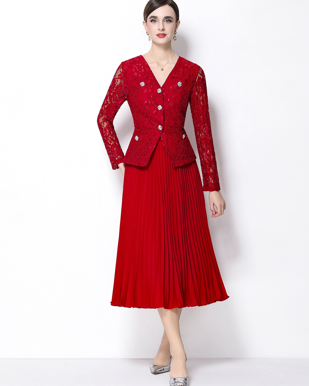 Lace diamond pleated France style V-neck elegant dress