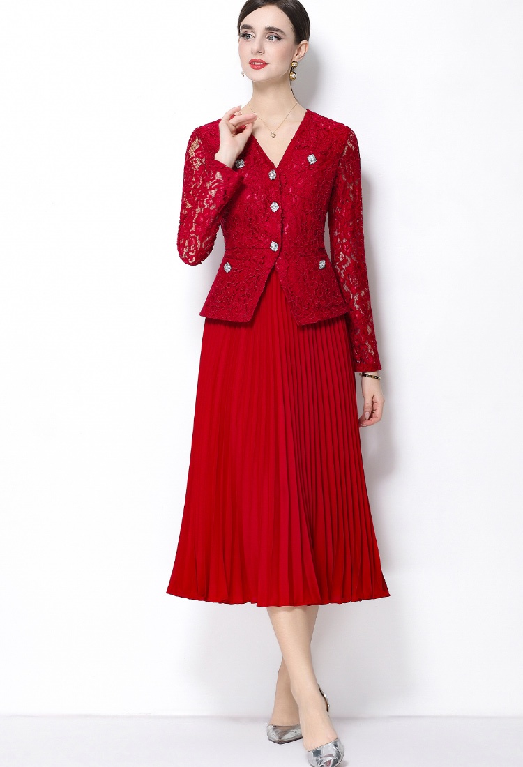 Lace diamond pleated France style V-neck elegant dress