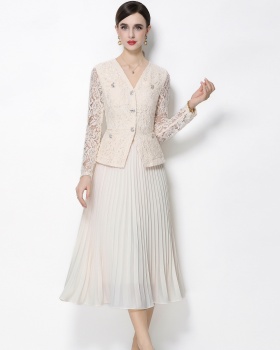 Pleated pinched waist lace diamond France style dress