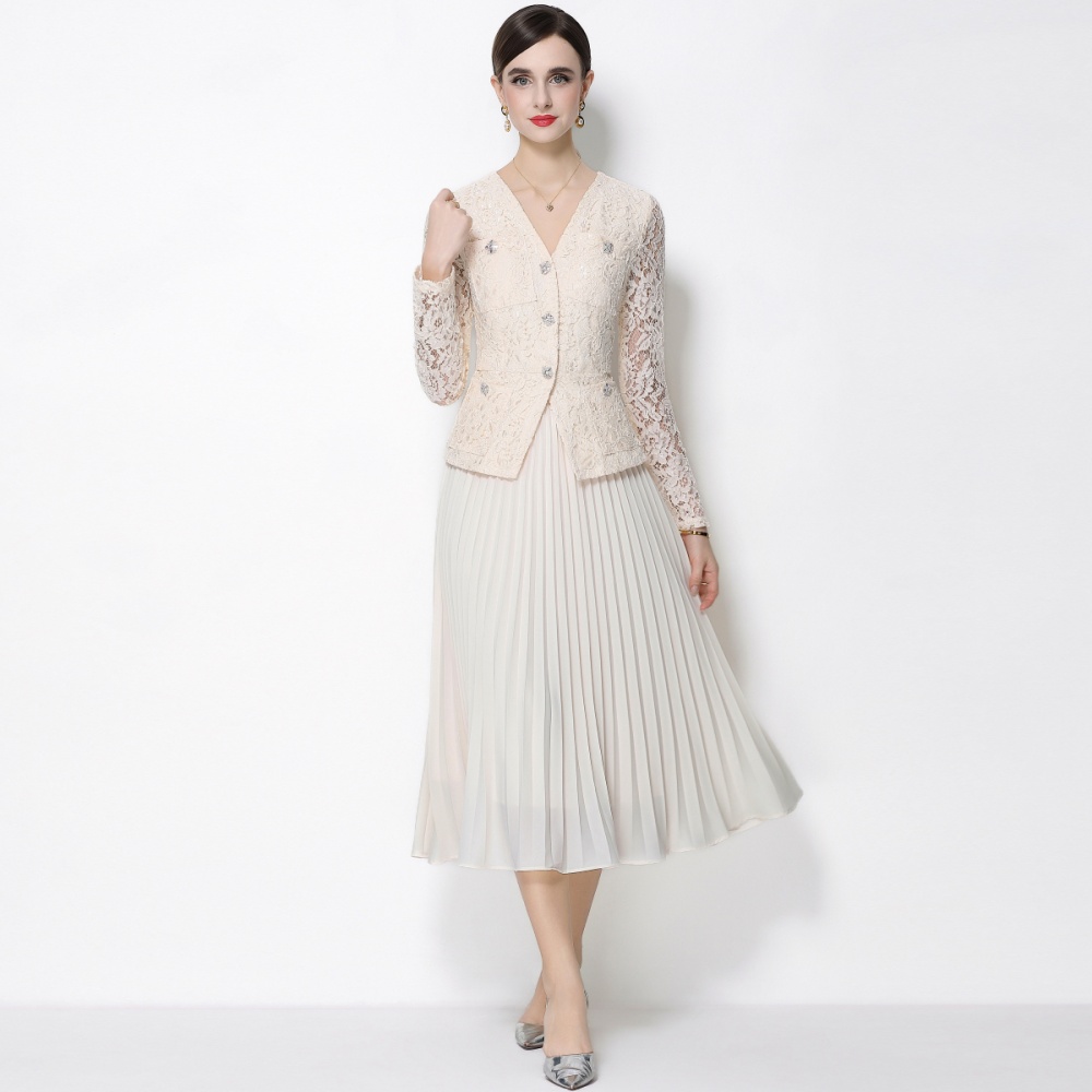 Pleated pinched waist lace diamond France style dress