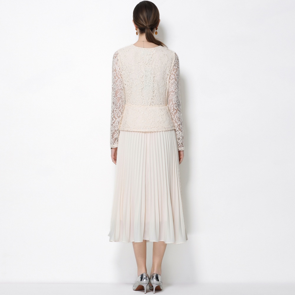 Pleated pinched waist lace diamond France style dress