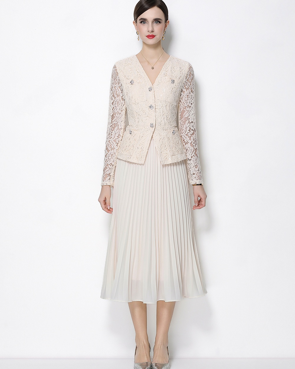 Pleated pinched waist lace diamond France style dress