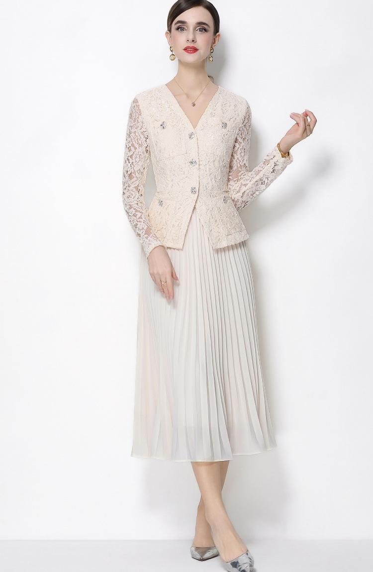 Pleated pinched waist lace diamond France style dress