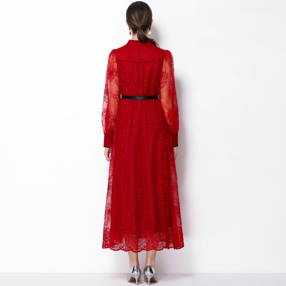 Single-breasted pinched waist lantern sleeve dress